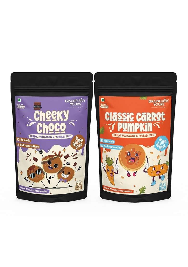Grainfully Yours Combo Of Cheeky Choco And Classic Carrot Pumpkin Millet Pancakes Waffle Mix No Maida Preservatives Gluten Free Vegan Pack 2 150Gm Each - Indya