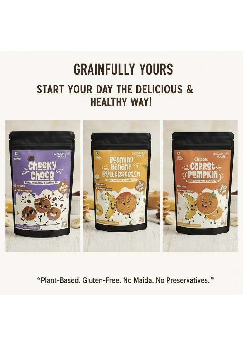 Grainfully Yours Combo Of Cheeky Choco And Classic Carrot Pumpkin Millet Pancakes Waffle Mix No Maida Preservatives Gluten Free Vegan Pack 2 150Gm Each - Indya