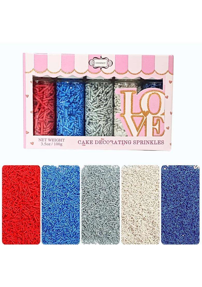 Confect Edible Christmas Sprinkles | Assorted Pack Of 5 Mix Patriotic Red White Blue Silver Jimmies For Cake Cupcake Decorations Vegan Gluten Free Palm Oil 140 Gms - Indya