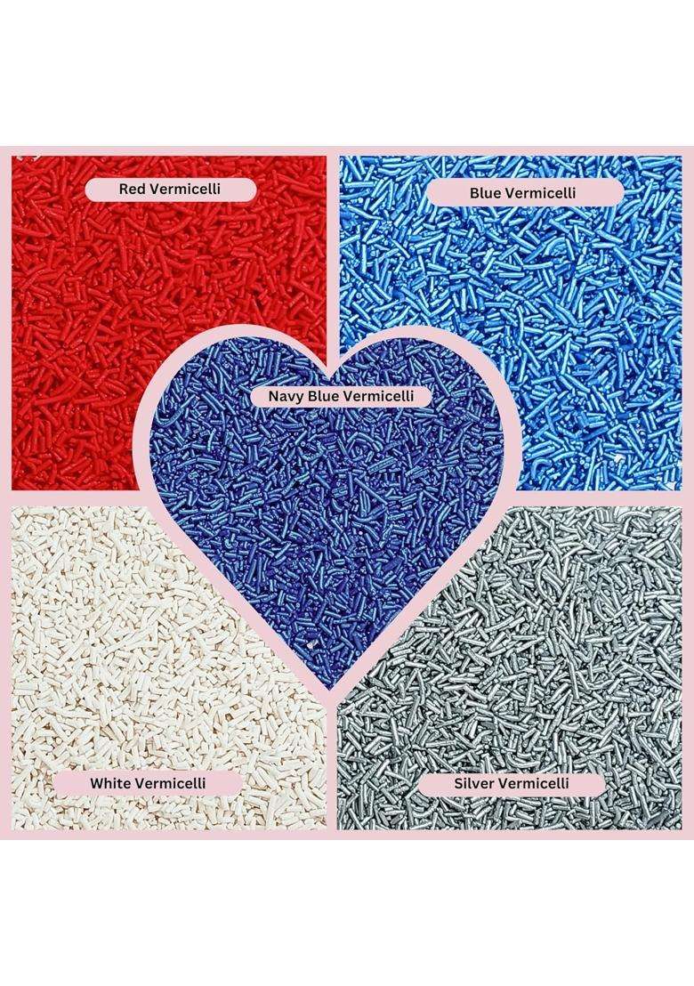 Confect Edible Christmas Sprinkles | Assorted Pack Of 5 Mix Patriotic Red White Blue Silver Jimmies For Cake Cupcake Decorations Vegan Gluten Free Palm Oil 140 Gms - Indya