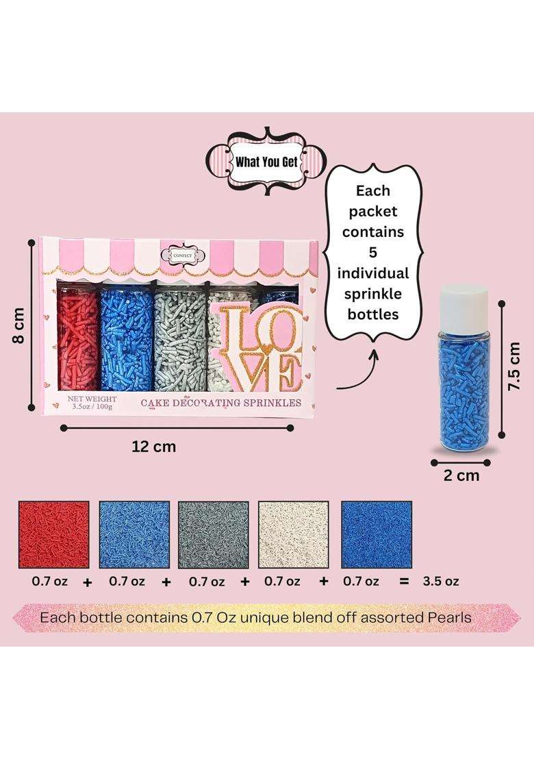 Confect Edible Christmas Sprinkles | Assorted Pack Of 5 Mix Patriotic Red White Blue Silver Jimmies For Cake Cupcake Decorations Vegan Gluten Free Palm Oil 140 Gms - Indya
