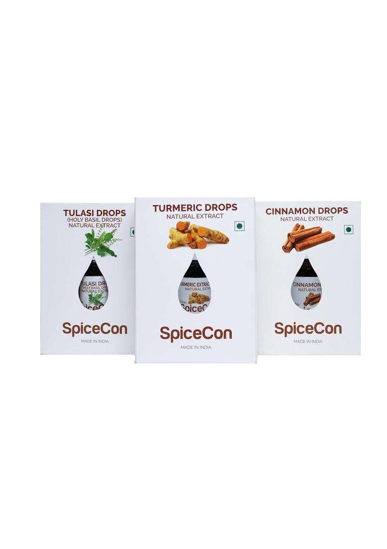 Spicecon Natural Extract | Vegan Product No Artificial Colour 100 And Pure Combo Set Tulasi Cinnamon Turmeric 5 Ml 180 Drops - Indya