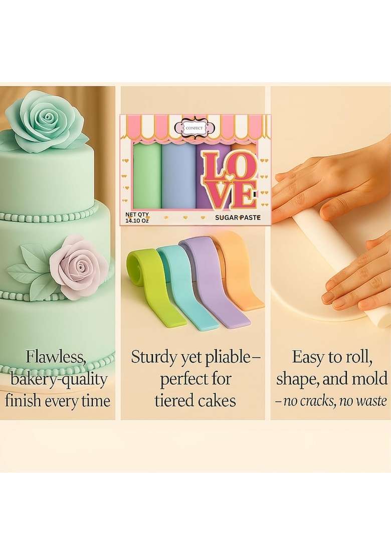 Confect Sugar Paste Multipack 9 | Pastel Edible Pea Green Baby Blue Purple And Peach Fondant For Cake Decoration Chefs Choice Decorating Vegan Gluten Free 300 Gms - Indya