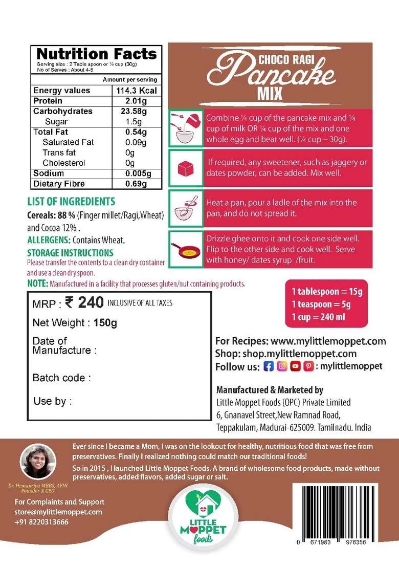 Little Moppet Foods Choco Ragi Pancake Super Saver Pack 150G Each - Indya