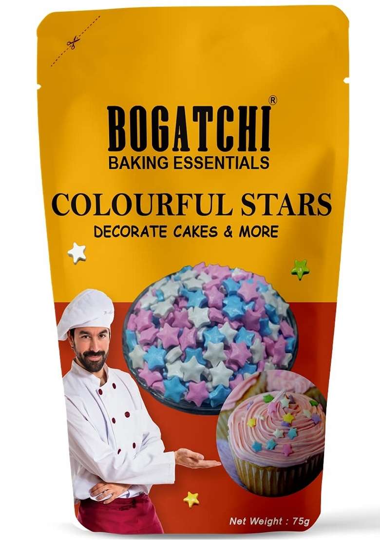 Bogatchi Colourful Stars Shape Sprinkler For Cake Decoration | Topping Other Baking Items| Colored Sugar Confectionary Decorating |Gluten Free Vegan |75G - Indya