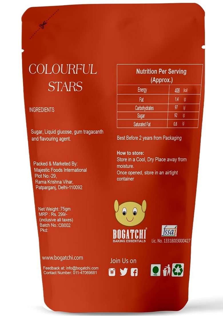 Bogatchi Colourful Stars Shape Sprinkler For Cake Decoration | Topping Other Baking Items| Colored Sugar Confectionary Decorating |Gluten Free Vegan |75G - Indya