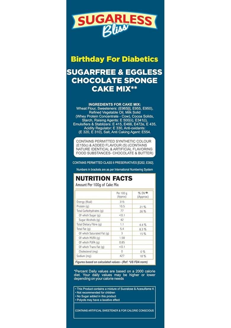 Blaue Fusse Sugarless Bliss Sugar Free Eggless Chocolate Cake Mix – High Protein Baking | Bakes 500G Sponge No Added Diabetic Friendly Gluten Healthy Dessert - Indya
