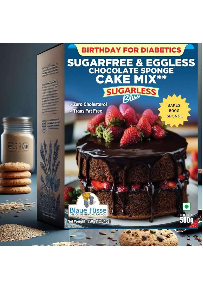 Blaue Fusse Sugarless Bliss Sugar Free Eggless Chocolate Cake Mix – High Protein Baking | Bakes 500G Sponge No Added Diabetic Friendly Gluten Healthy Dessert - Indya