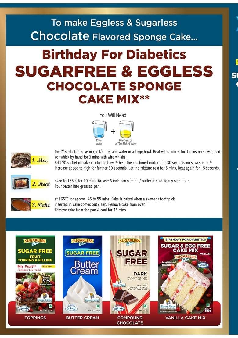 Blaue Fusse Sugarless Bliss Sugar Free Eggless Chocolate Cake Mix – High Protein Baking | Bakes 500G Sponge No Added Diabetic Friendly Gluten Healthy Dessert - Indya