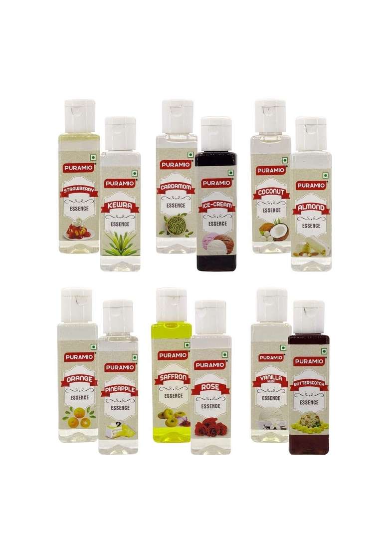 Puramio Culinary Liquid Food Essence 50Ml Each Pack Of 12 Vanilla White Pineapple Rose Orange Saffron Cardamom Butterscotch Kewra Strawberry Almond Coconut Ice Cream - Indya