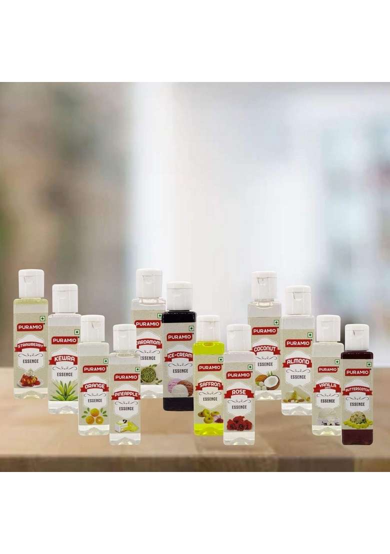 Puramio Culinary Liquid Food Essence 50Ml Each Pack Of 12 Vanilla White Pineapple Rose Orange Saffron Cardamom Butterscotch Kewra Strawberry Almond Coconut Ice Cream - Indya