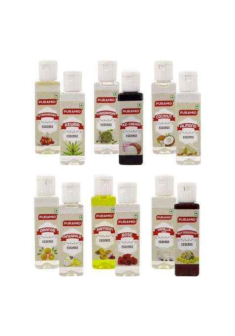 Puramio Culinary Liquid Food Essence 50Ml Each Pack Of 12 Vanilla White Pineapple Rose Orange Saffron Cardamom Butterscotch Kewra Strawberry Almond Coconut Ice Cream