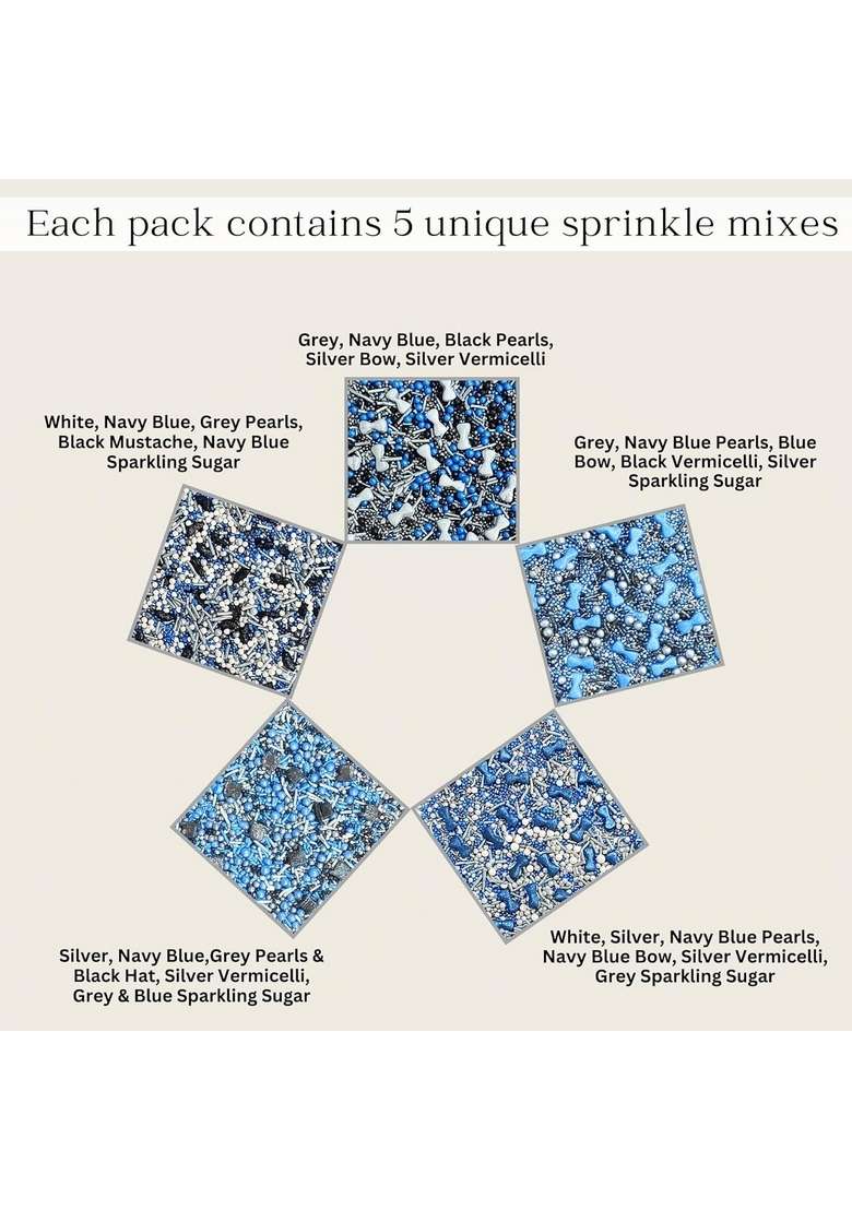 Confect Edible Sprinkles | Black Blue White Sprinkle Mix For Celebration Assorted Pack Of 5 Vegan Gluten Free Nut Soy Dairy 140 Gms - Indya