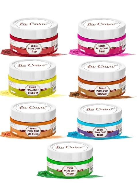 La Casa Premium Edible Petal Dust Red Pink Yellow Brown Orange Blue Green | Pack Of 7 Pearl Ideal For Cake Icing Decoration Garnishing 7X9G