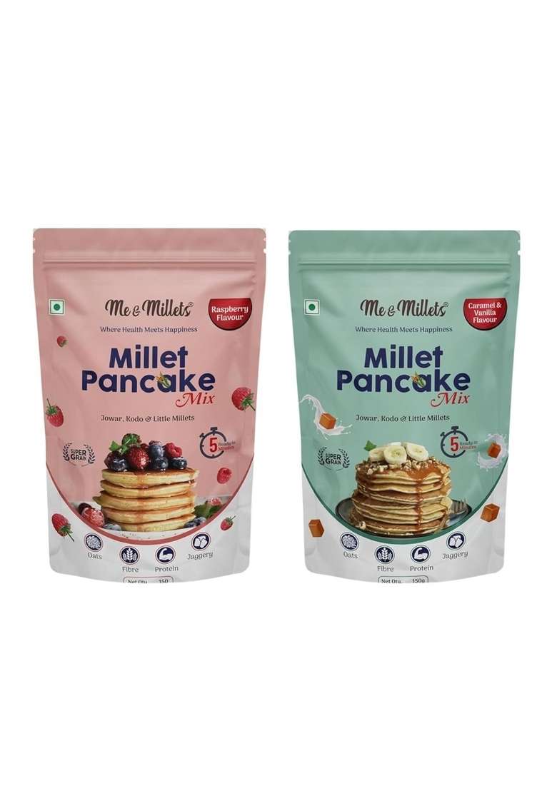 Me Millets Millet Pancake Mix 150G X 2 Caramel Vanilla Raspberry Sweetness Of Jaggery No Maida Wheat Preservatives Vegetarian Eggless Healthy Breakfast For Family Jain Friendly - Indya