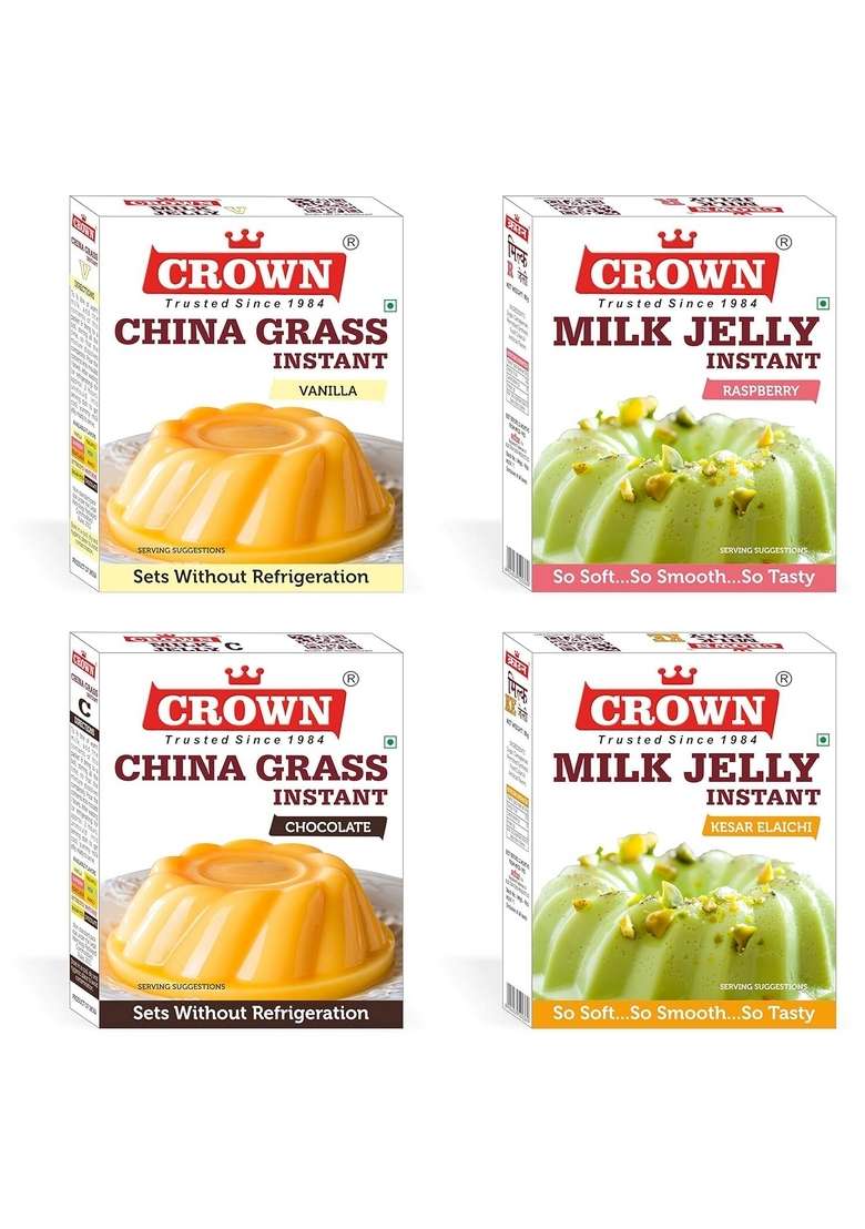 Crown Milk Jelly China Grass Pudding 320G 80G X Pack Of 4 Flavors Vanilla Raspberry Chocolate Kesar Elaichi - Indya