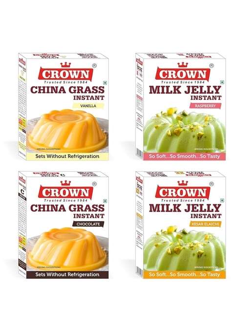 Crown Milk Jelly China Grass Pudding 320G 80G X Pack Of 4 Flavors Vanilla Raspberry Chocolate Kesar Elaichi