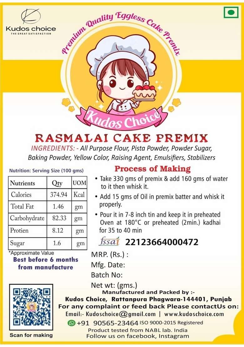 Kudos Choice Egless Rasmalai Cake Baking Premix Powder Mixture Mouth Watering Taste Veg Mix Making Recipe 990 Gram - Indya