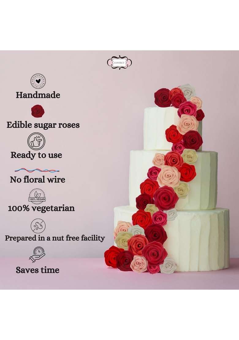 Confect Edible Rose Toppers – Pack Of 12 Roses For Cake Cupcake Doughnut Decorating Elegant Ombre Floral Desserts Vegan Dairy Free Palm Oil - Indya