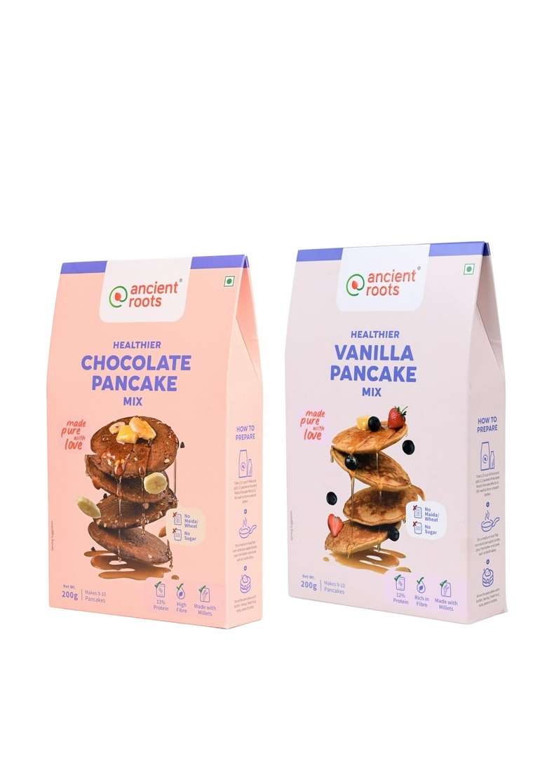 Ancient Roots Combo Of Chocolate Vanilla Flavoured Pancake Mix – 200G Each Pack 2 Instant Healthy Breakfast Used For Making Waffles No Maida Sugar 100 Vegetarian Eggless - Indya