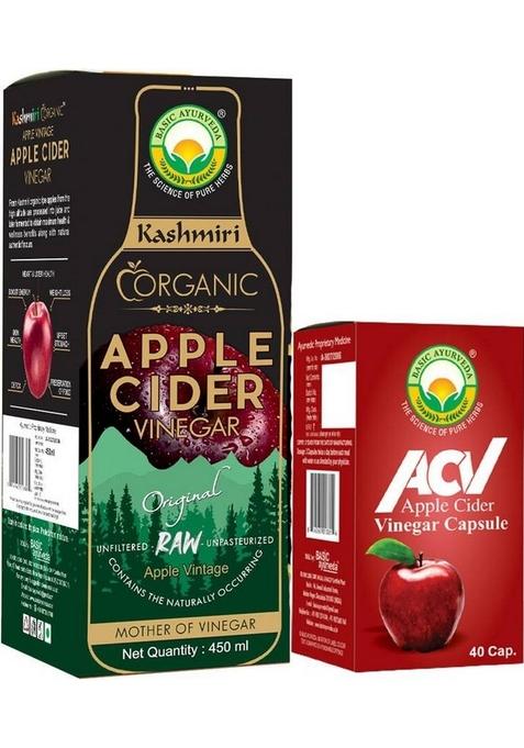 Basic Ayurveda Kashmiri Organic Apple Cider Vinegar 450Ml With Acv 40 Capsules Combo Vinegar&nbsp;&nbsp; 2 X 225 Ml