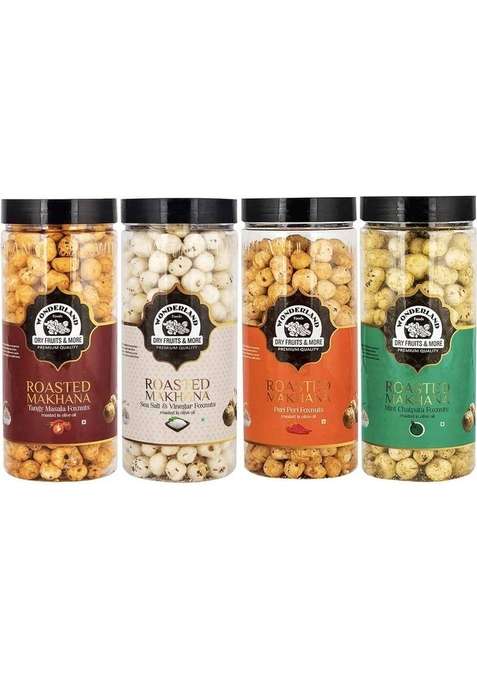 Wonderland Roasted Makhana Tangy Masala Sea Salt Vinegar Peri Mint Chatpata Assorted Nuts&nbsp;&nbsp; 4 X 100 G