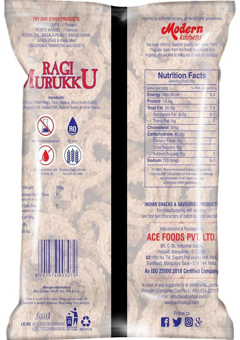 Modern Kitchens Ragi Murukku - 150G | Gluten-Free, No Maida Healthy, Crispy Snack With Finger Millet, Rice & Sesame Seeds - Indya