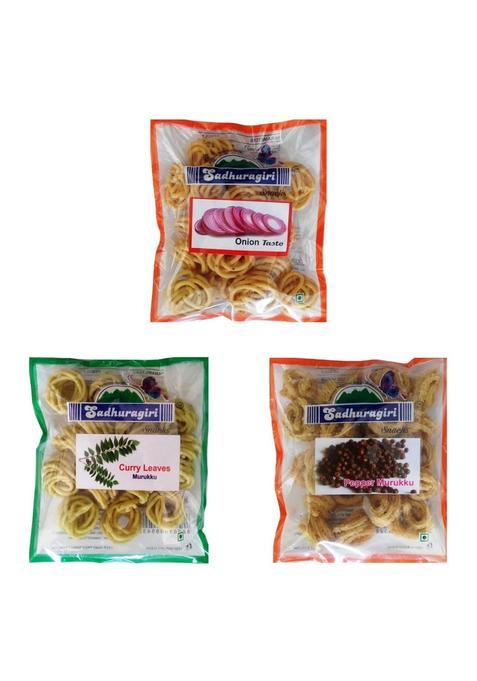 Sadhuragiri Flavored Murukku From Theni (Pack Of 3 X 120G) - Pepper, Curry Leaves & Onion