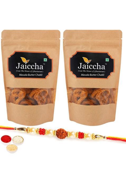 Jaiccha Ghasitaram Rakhi Gift For Brother - Pack Of 2 Masala Butter Chakli 100 Gms In Brown Paper Pouch With Rudraksh