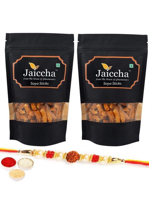 Jaiccha Ghasitaram Rakhi Gift For Brother - Pack Of 2 Soya Sticks 100 Gms In Black Paper Pouch With Rudraksh