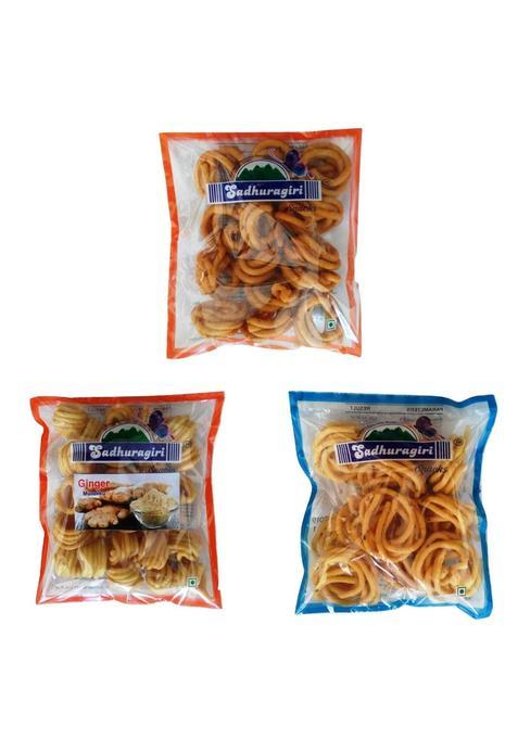 Sadhuragiri Theni Murukku Combo (120G X Pack Of 3) - Thenkuzhal, Spicy Thenkuzhal & Ginger Or Jeera