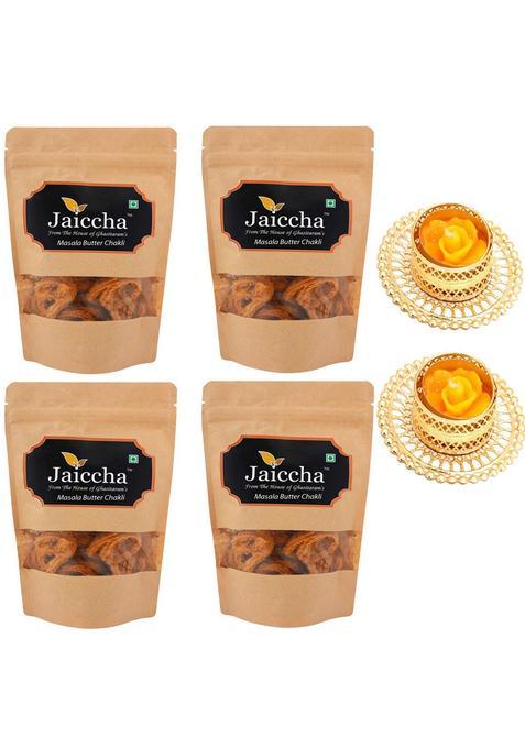 Jaiccha Ghasitaram Gifts Pack Of 4 Masala Butter Chakli 100 Gms In Brown Paper Pouch And 2 T-Lites|Dry Fruit Combo Offer|Dry Gift Pack|Dry Box|Diwali Dry Box|Mix Nut|