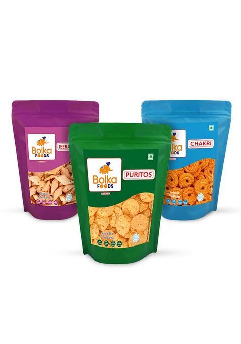 Bolka Foods Chakri (150 Grams), Jeera Para Puritos Indian Diwali Snacks, Crispy & Crunchy Homemade Delicious Namkeen, Tea Time Mathri Combo Of 3