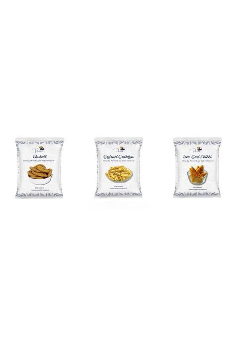 Paruu Chakoli, Gujratigathiya & Minisamosa Combo Of 3 | 200 Each Tasty Crunchy Indian Snack Mix For Tea Time, Travel Get-Togethers