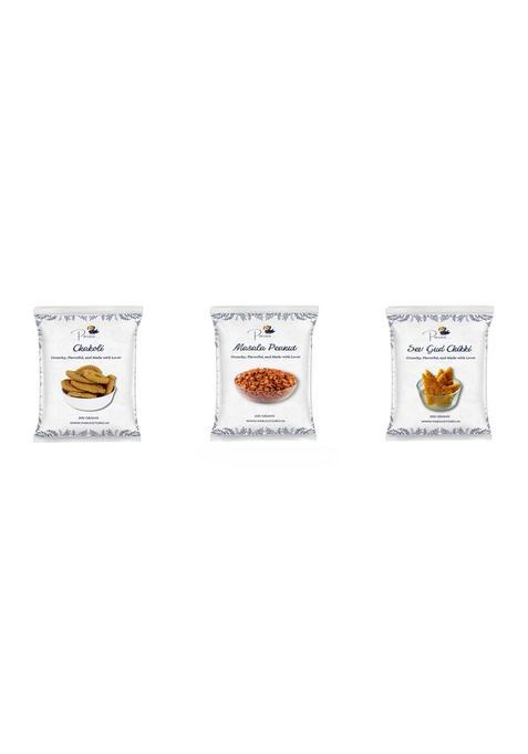 Paruu Chakoli, Masalapeanut & Minisamosa Combo Of 3 | 200 Each Tasty Crunchy Indian Snack Mix For Tea Time, Travel Get-Togethers