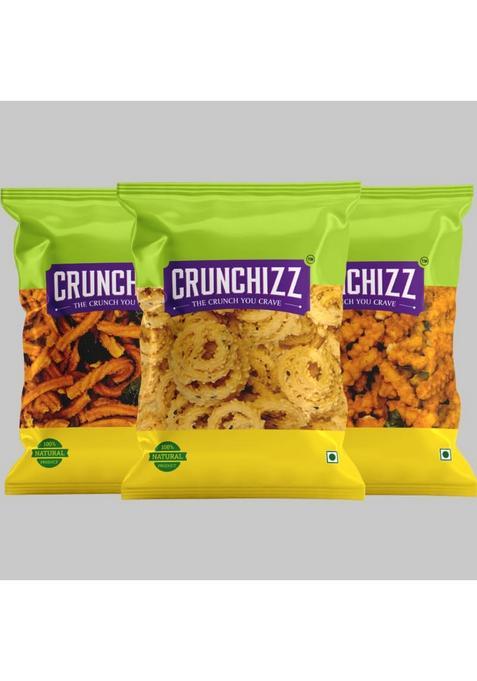 Crunchizz - 3 In 1 Chakli Combo I Spring, Rice & Tomato Murukku Traditional South Indian Recipe No Artificial Additives Authentic Crunchy 250 Gram Each Total 750 Grams
