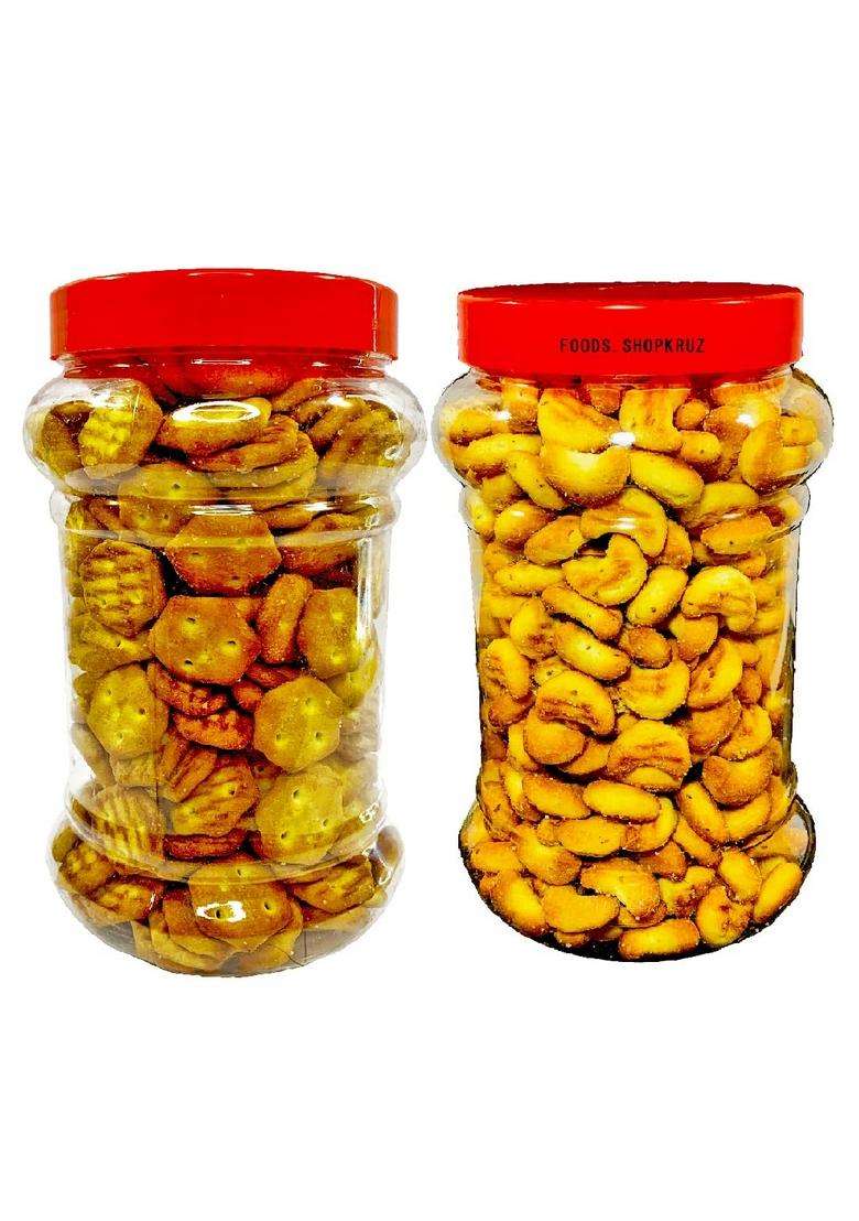 Foods.Shopkruz Combo Namkeen Crackers Hexo And Ajwain Biscuits In 2 Jar 250G Chotu Biscuit Pack - Indya