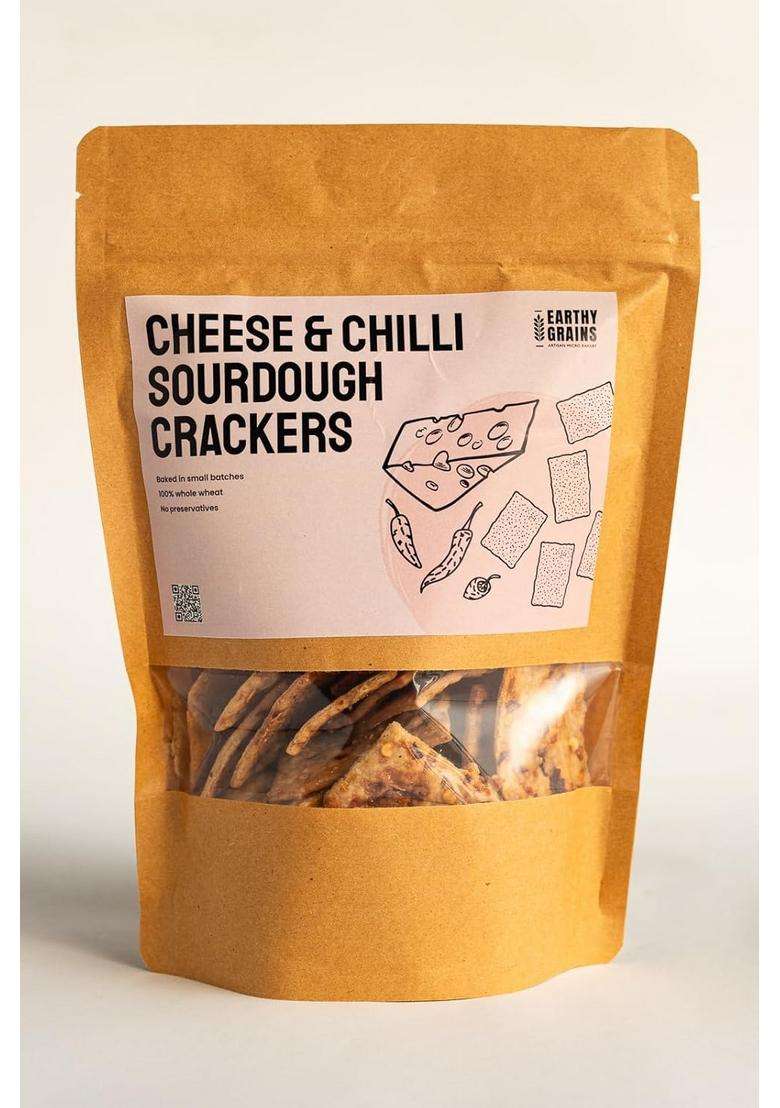 Earthy Grains Cheese & Chilli Sourdough Crackers, 100% Whole Wheat, Preservative-Free - Indya
