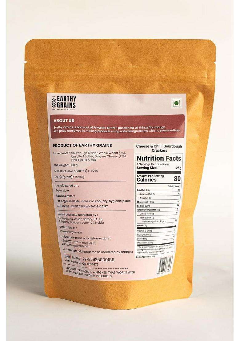 Earthy Grains Cheese & Chilli Sourdough Crackers, 100% Whole Wheat, Preservative-Free - Indya
