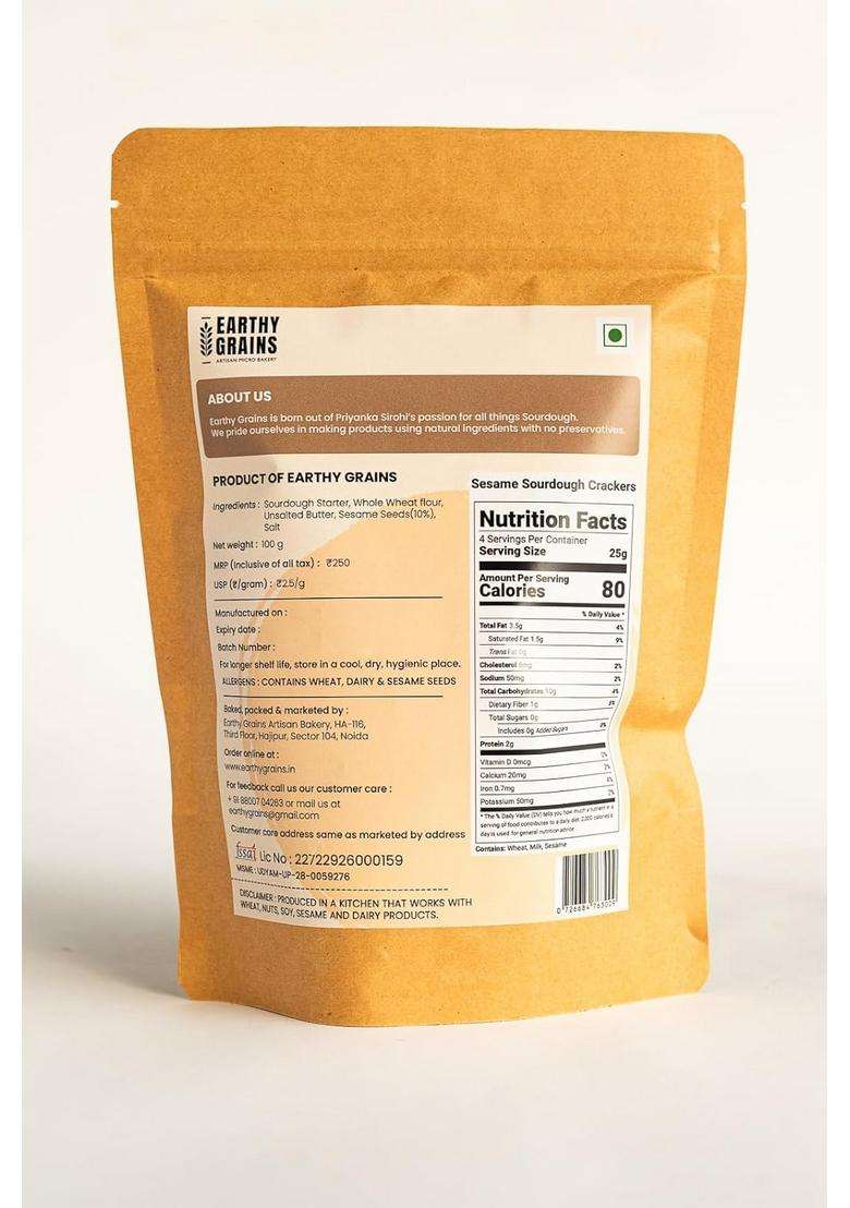 Earthy Grains Whole Wheat Sourdough Crackers, Sesame Flavour, Handmade, Preservative-Free - Indya