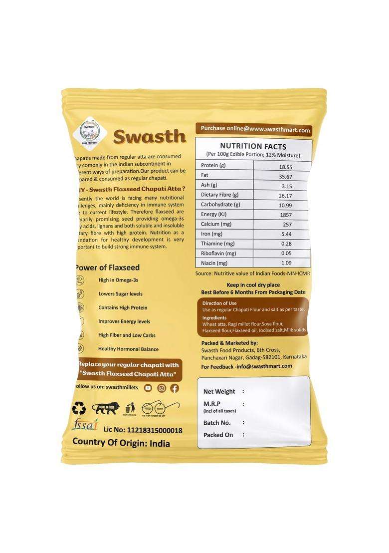 Swasth Flaxseed Chapati Atta -Omega -3 -High Fibe C-Low Carbs |High Protein&Fibre|Diabetic Friendly |For Weight Loss - Indya