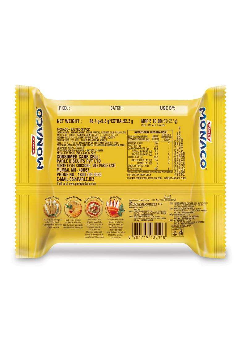 Parle Monaco Classic Biscuit, 46.4G+5.8G Extra = 52.2G - Indya
