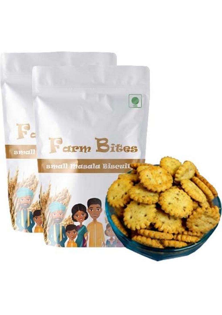 Hungry Beast Farm Bites - Home Made Fresh Small Round Shaped Masala Biscuits | Tea Time Snacks Crispy Crackers 100 Grams (Pack Of 2) - Indya