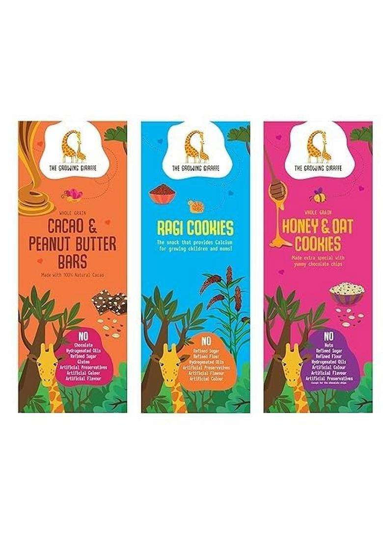 The Growing Giraffe Cookies & Nutrition Bars Combo-Delicious, Healthy Nutritious Snacks For Whole Family Gifting (Ragi - 160G, Honey Oats Cookies-160G, Cacao Peanut Butter Bars-160G), 480 Grams(Pack Of 3) - Indya