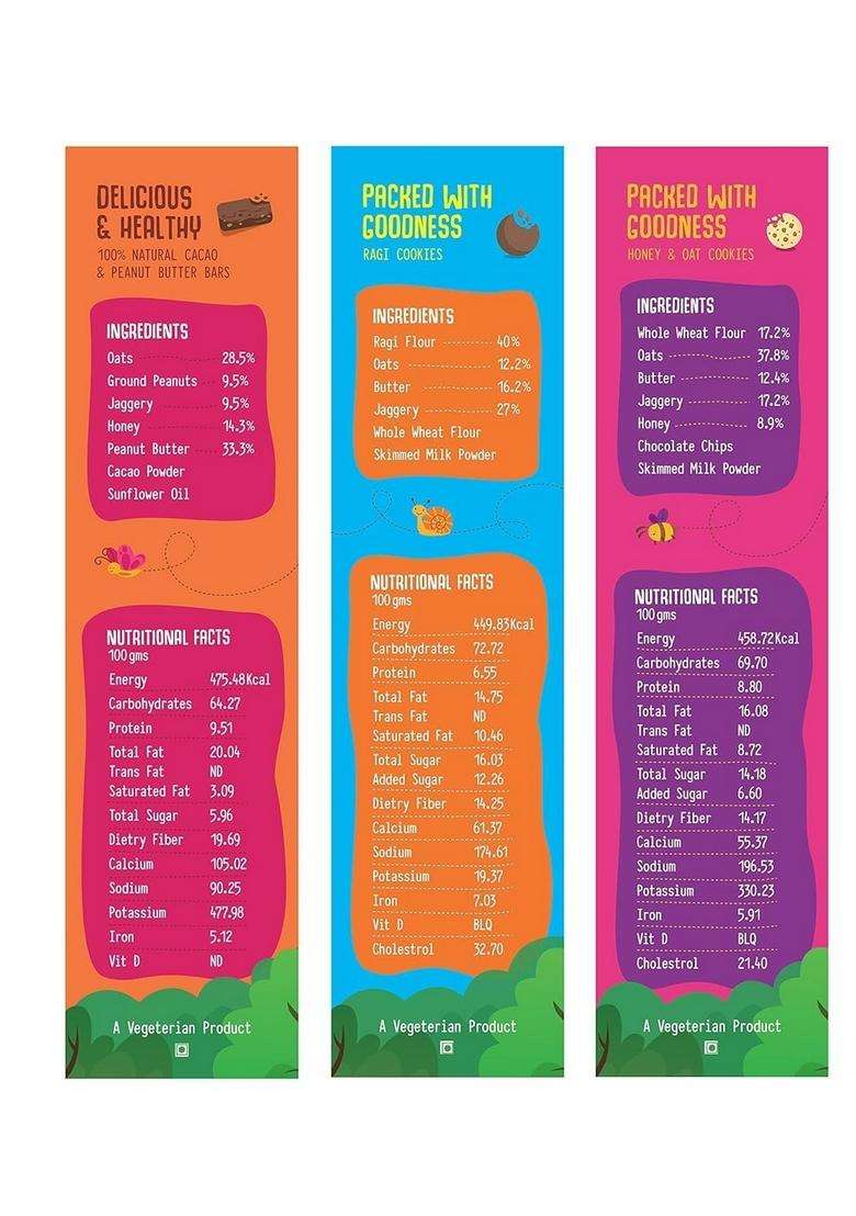 The Growing Giraffe Cookies & Nutrition Bars Combo-Delicious, Healthy Nutritious Snacks For Whole Family Gifting (Ragi - 160G, Honey Oats Cookies-160G, Cacao Peanut Butter Bars-160G), 480 Grams(Pack Of 3) - Indya