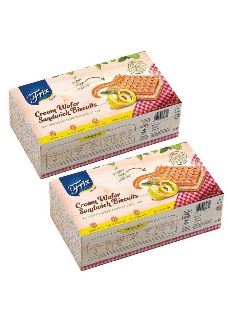 Esnext Frix Lemon Cream Wafers Biscuits | Cracker 3 Layer (An Original Recipe) - 160G (Pack Of 2) - Indya