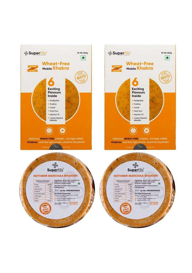 Superfills Combo Wheat-Free Mobile Khakhra & Whole Wheat Kotmir Bhakhri Diet Snack, Weight Loss, High Protein Fiber Ready To Eat, Roasted Traditional Gujarati Snacks No Garlic Onion Chai Time (Pack Of 2) - Indya