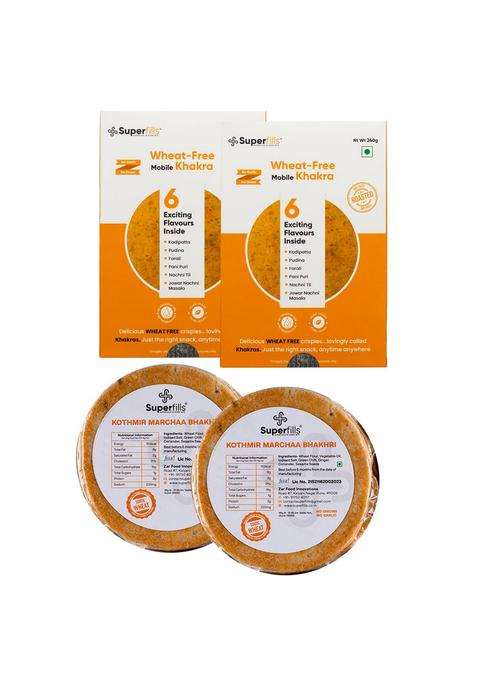 Superfills Combo Wheat-Free Mobile Khakhra & Whole Wheat Kotmir Bhakhri Diet Snack, Weight Loss, High Protein Fiber Ready To Eat, Roasted Traditional Gujarati Snacks No Garlic Onion Chai Time (Pack Of 2)