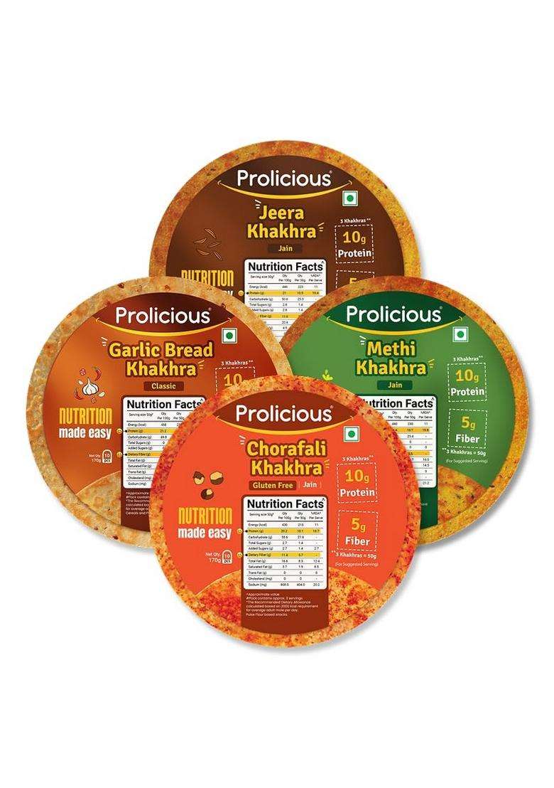 Prolicious High Protein & Fiber Khakhra Combo | No Maida Palm Oil Natural Plant Based (170 Grams Each, Pack Of 4) - Indya