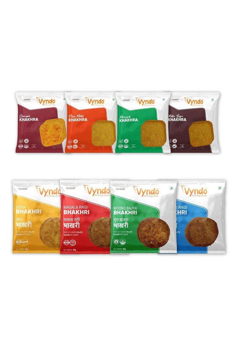 Vyndo Snacks Trial Combo Pack, (4 Bhakhri + 4 Khakhra) Travel-Friendly, Healthy Energy Millet | Gluten Free & Palm Oil Free. - Indya
